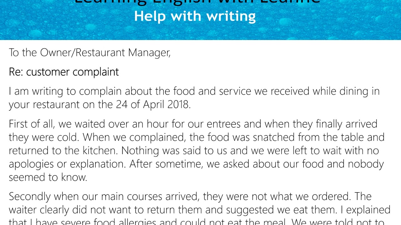 Write A Formal Letter Of Complaint In English 3.3- Restaurant Service &  Food - Youtube