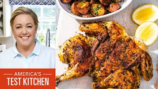How to Make Chicken Under a Brick with Herb-Roasted Potatoes and Buttermilk-Vanilla Panna Cotta