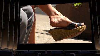 Candid Feet In Midheel Wedges Sitting During Break