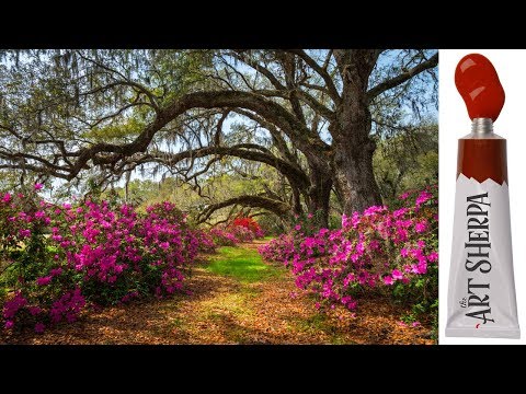 How to paint with Acrylic on Canvas Southern oak lane with Azaleas