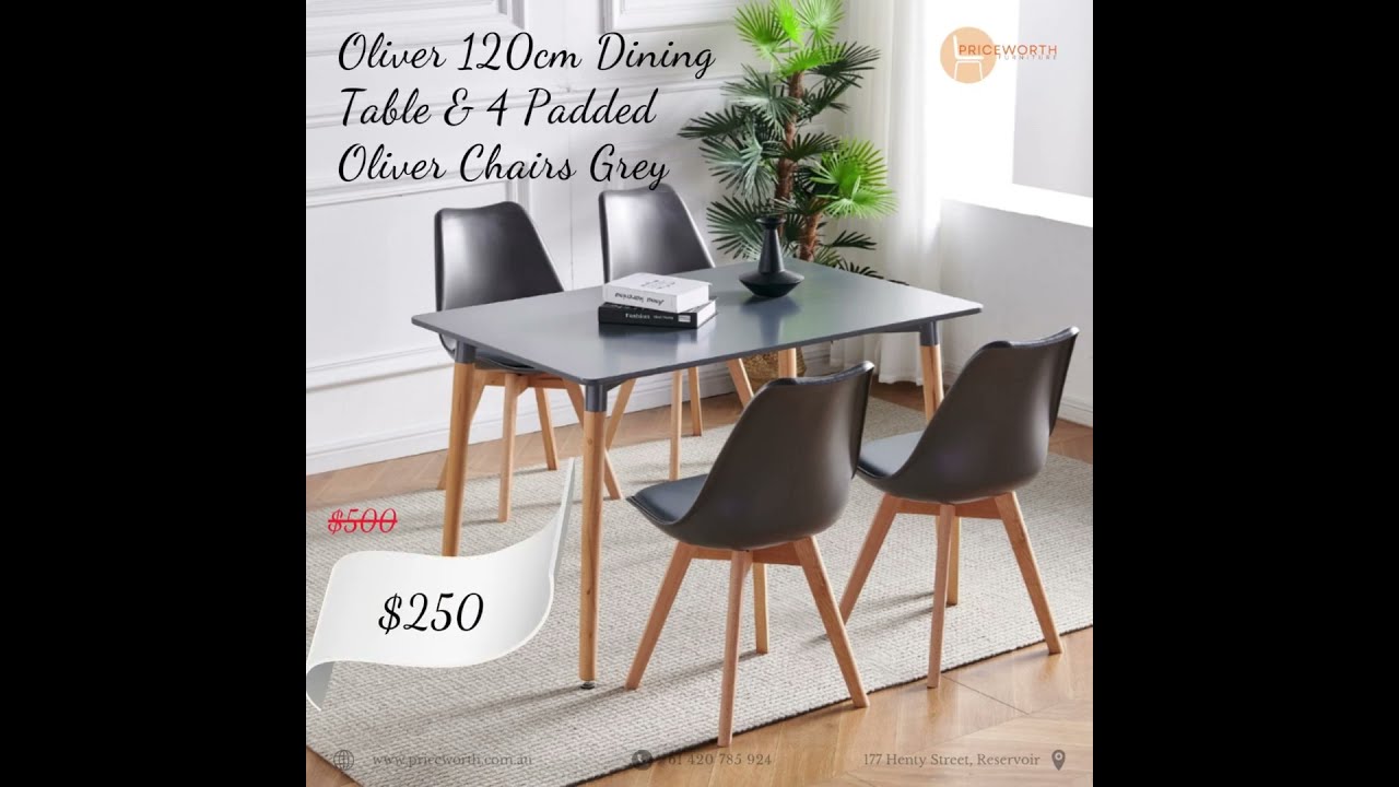 Half Price for Sample Oliver 120cm Dining Table & 4 Padded Chairs Grey