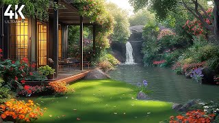 4K🌷Wooden Porch Overlooking The Waterfall - Soft Stream Sound & Bird Singing To Unwind, Healing