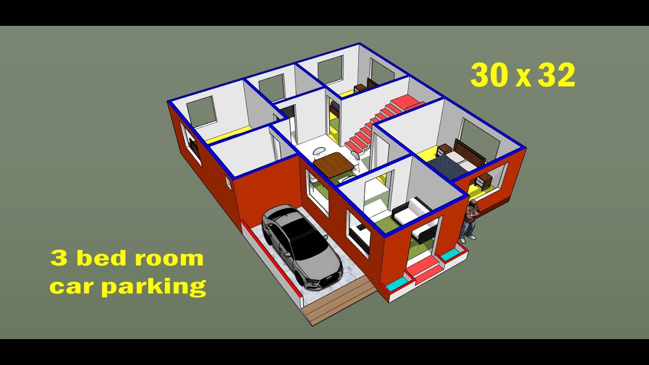 30 X 32 Ground Floor Plan With Car Parking Ii 30 X 32 Ghar Ka Naksha Ii 3 Bhk House Plan Design Youtube