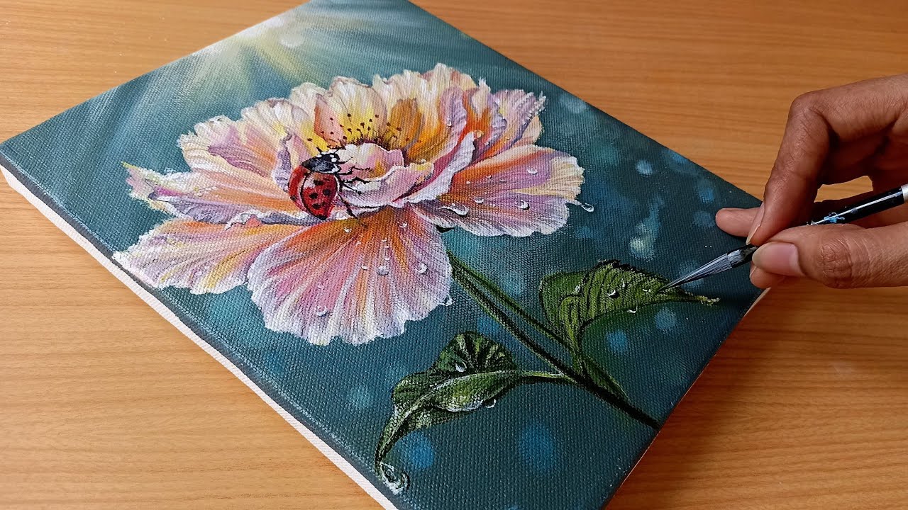 Painting a Beautiful flower with a lovely Ladybug 🐞/Flower Acrylic painting