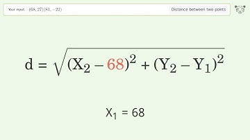 Find the distance between two points p1 (68,27) and p2 (81,-22): Step-by-Step Video Solution