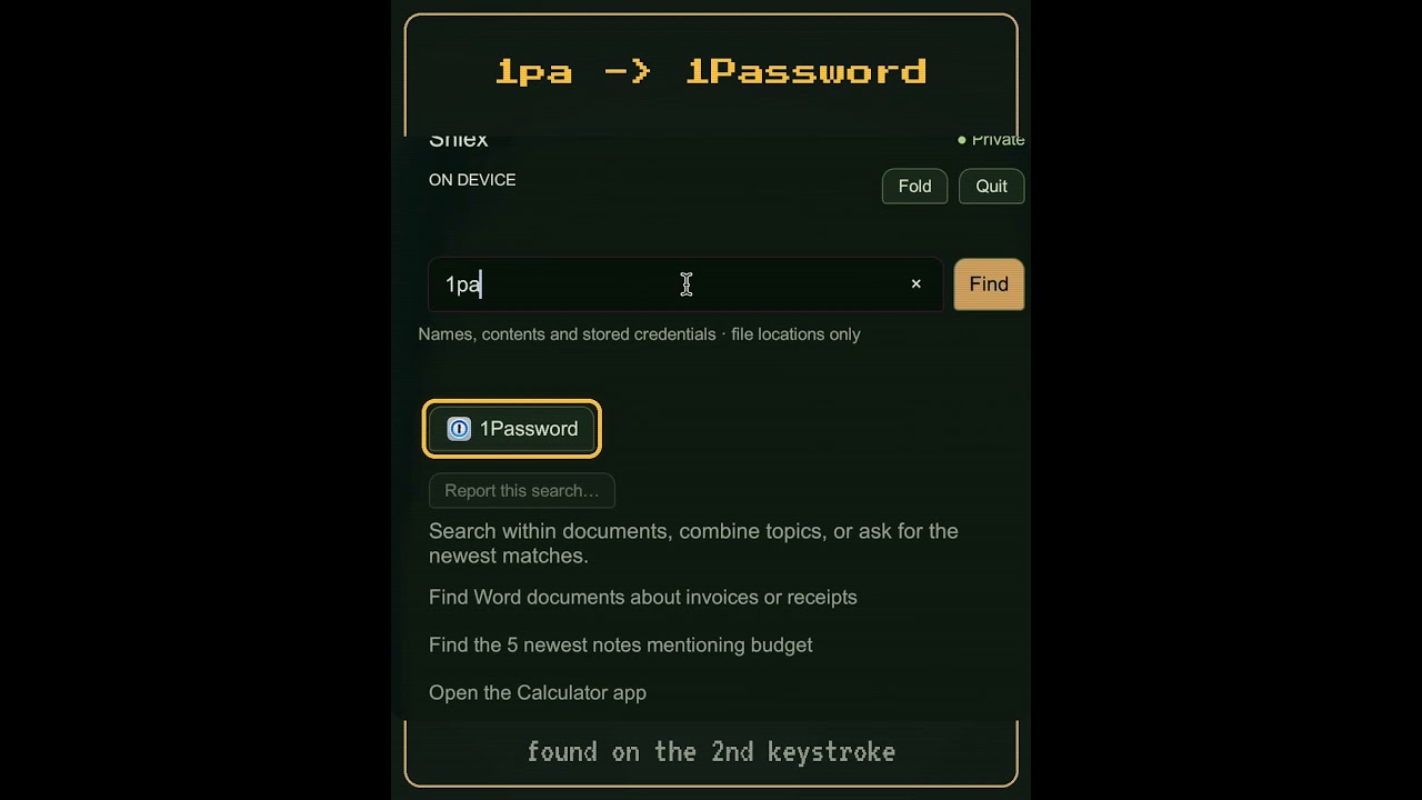 Video: typing 1pa in Shlexball shows the 1Password app on the second keystroke.