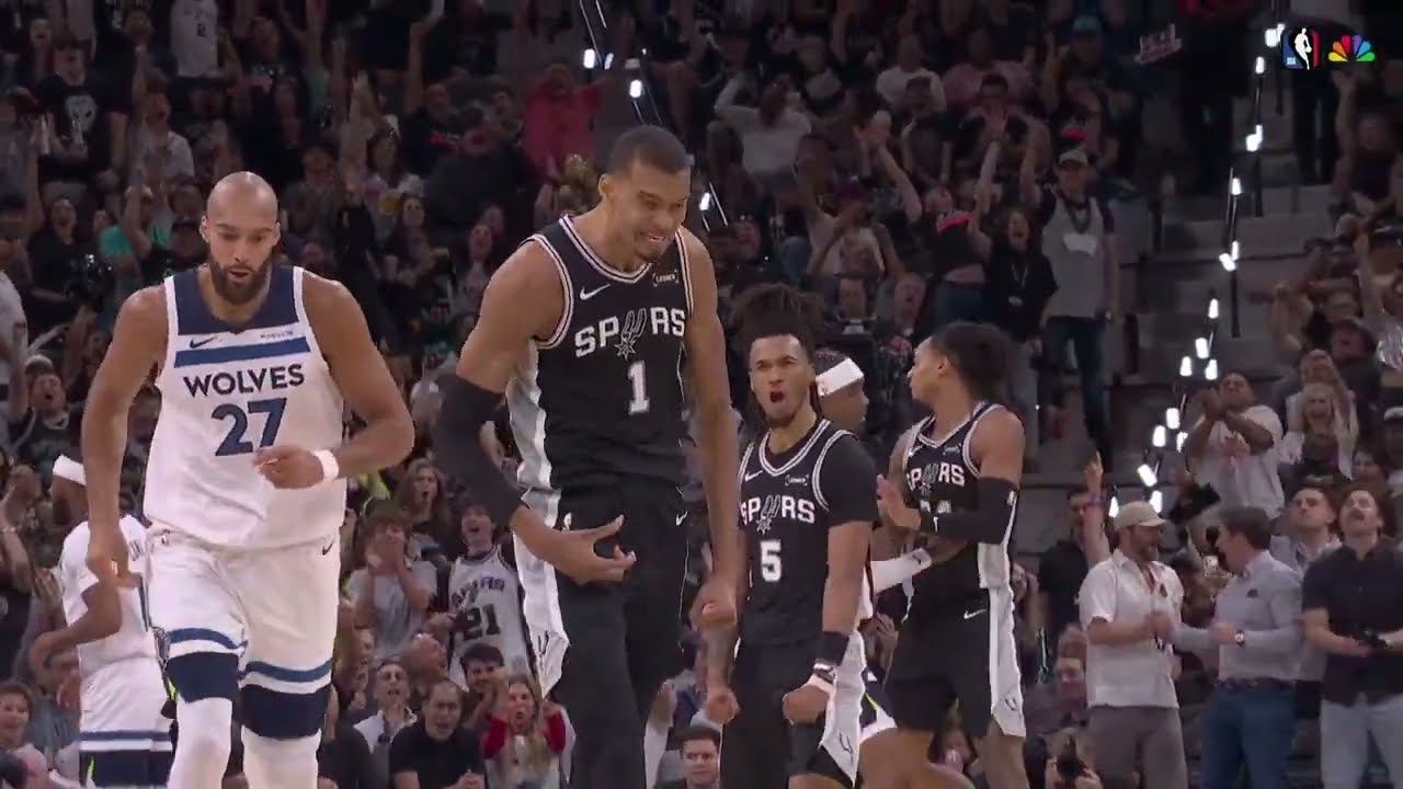 Victor Wembanyama rebound, crossover on Gobert and scores. Then