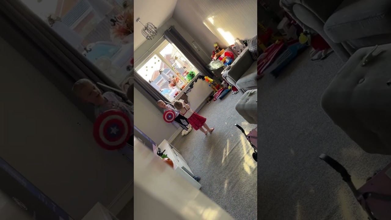 Little girl puts toilet paper roll on brother's head then accidentally hits him with toy sword