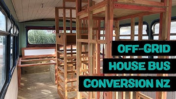 Framing walls, shower, vintage rimu kitchen cabinets, 1984 Isuzu JCR500 school bus conversion (S1E9)