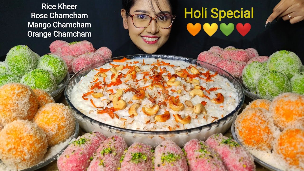 Eating Rice Kheer, Raw Mango, Rose & Orange Chamcham | Sweets Mukbang | Big bites | Asmr Eating