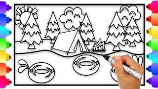 How to Draw a Camping Coloring Page | Camping by the River Coloring Page for Kids