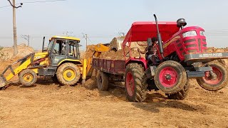 New Mahindra Tractor Stuck Pulling By JCB 3dx | Jcb Backhoe Machine Loading Mud In Mahindra Tractor