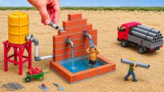 Diy Mini Tractor Builds A Working Brick Shower Pool With Real Water | Construction Science Project