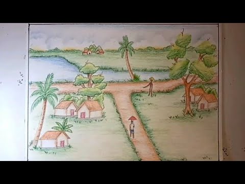 How to draw a village landscape.. . Cara menggambar pemandangan alam