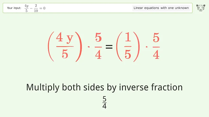 Linear equation with one unknown: Solve (4y)/5-2/10=0 step-by-step solution
