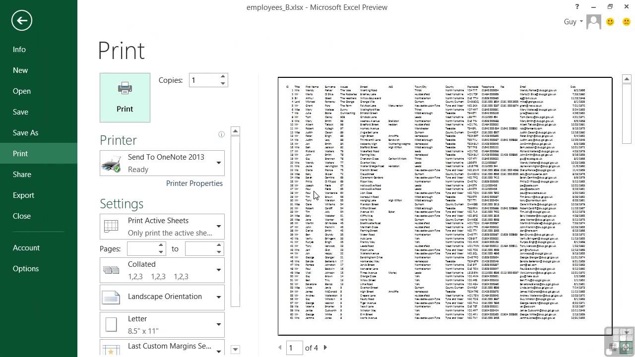 Printer Page Size Chart