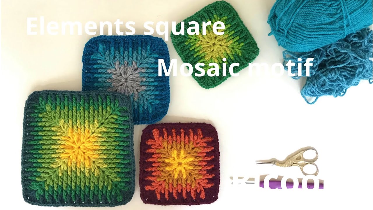 How to crochet Elements square, Mosaic square motif ＊ かぎ針編み  元素パターン ＊ モザイク編みの編み方