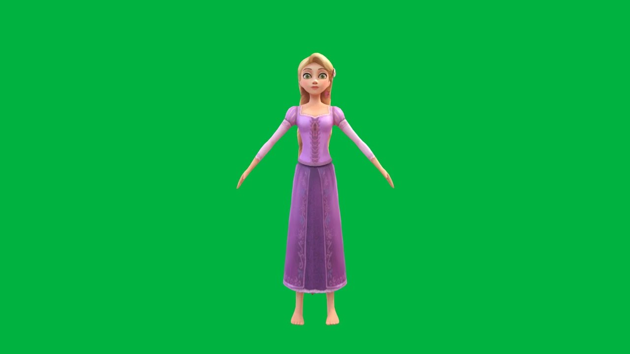 Rapunzel from Tangled Spinning & Oscillating in Front of a Green Screen