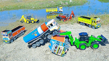 BharatBenz Truck HMT Dumper TATA Lorry Tipper Accident Pulling JCB 3DX Backhoe ? Cartoon Jcb | CSToy