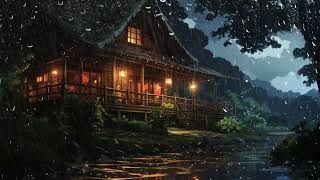 夜のヤシの屋根の小屋で豪雨と本物の雷の音を聞きながら 3 分以内にぐっすり眠る
