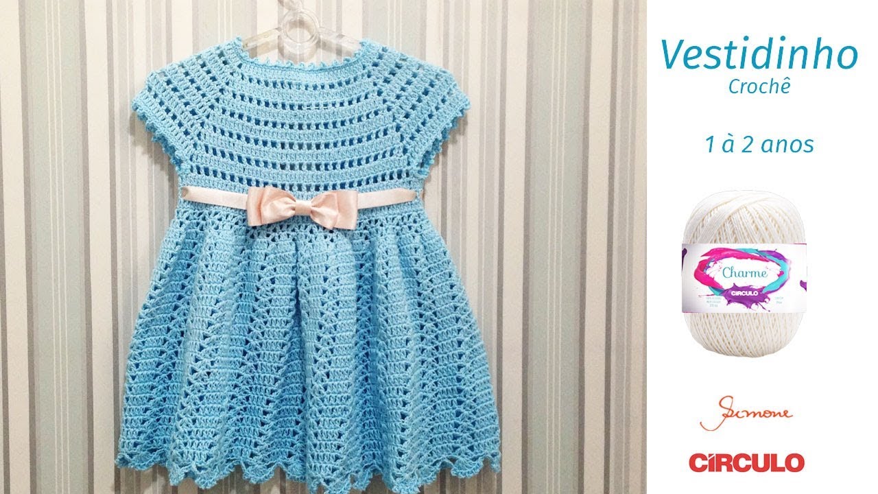 Vestido Cléa5 azul e branco de crochê para princesinha de 1 a 2 anos parte  2. 
