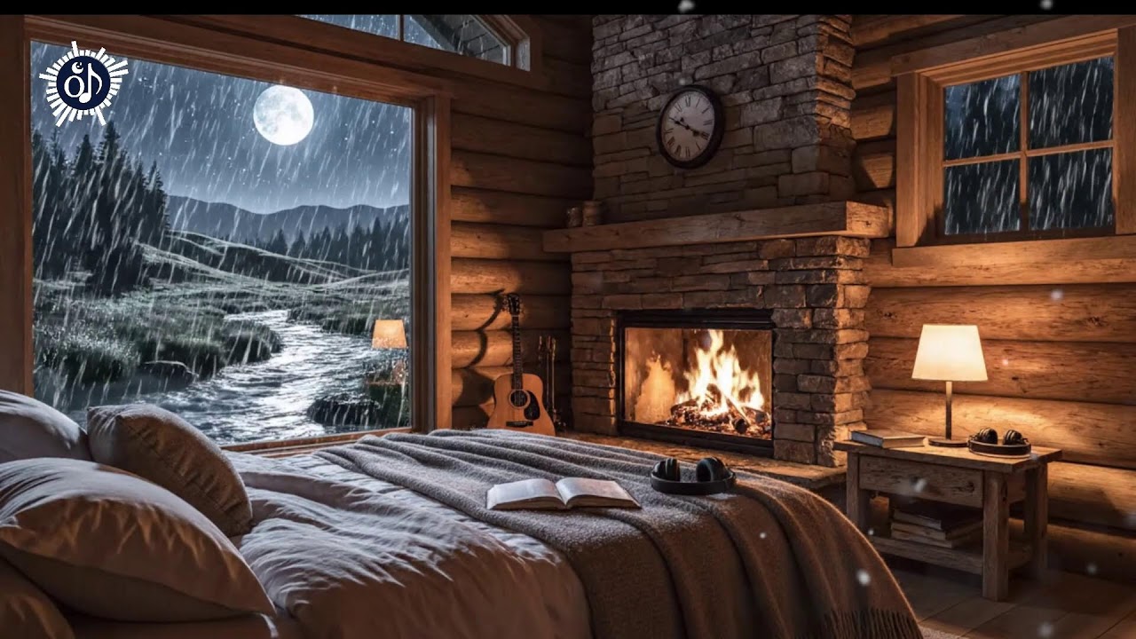 Crackling Fire in a Rainy Cabin Night 🌙 Instrumental Music for Deep Sleep (Live)