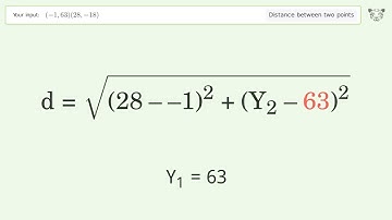 Find the distance between two points p1 (-1,63) and p2 (28,-18): Step-by-Step Video Solution