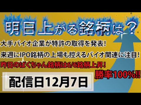 【株チャート】明日はバイオ関連銘柄と好材料銘柄の上昇に期待！配信日12月7日　明日上がるデイトレード銘柄！