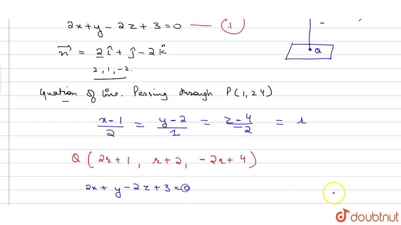 From The Point P 1 2 4 A Perpendicular Is Drawn On The Plane 2x Y 2z 3 0 Find The Equation The Youtube