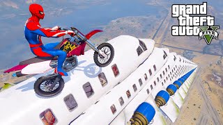 SpiderMan Hardest Motorbike Mega Ramp Jump Challenge Over Aeroplane Superheroes GTA V Mods