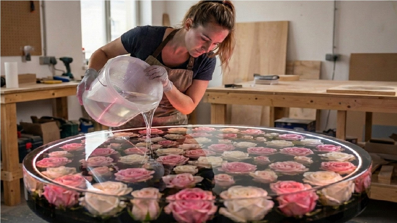 Epoxy Art Deco The Delicateness of Petals and Shadows - Black Rose Table