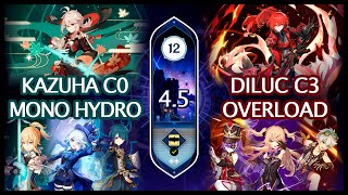 4.5 Spiral Abyss | C0 Kazuha Mono Hydro & C3 Diluc Overload | Genshin Impact