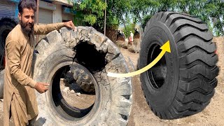 Komatsu 830E tyre Repairing|| Repairing A Huge Old Tire Sidewall