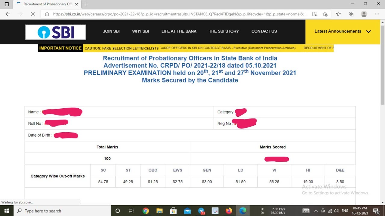 My SBI PO Pre 2021 Result And Score Card