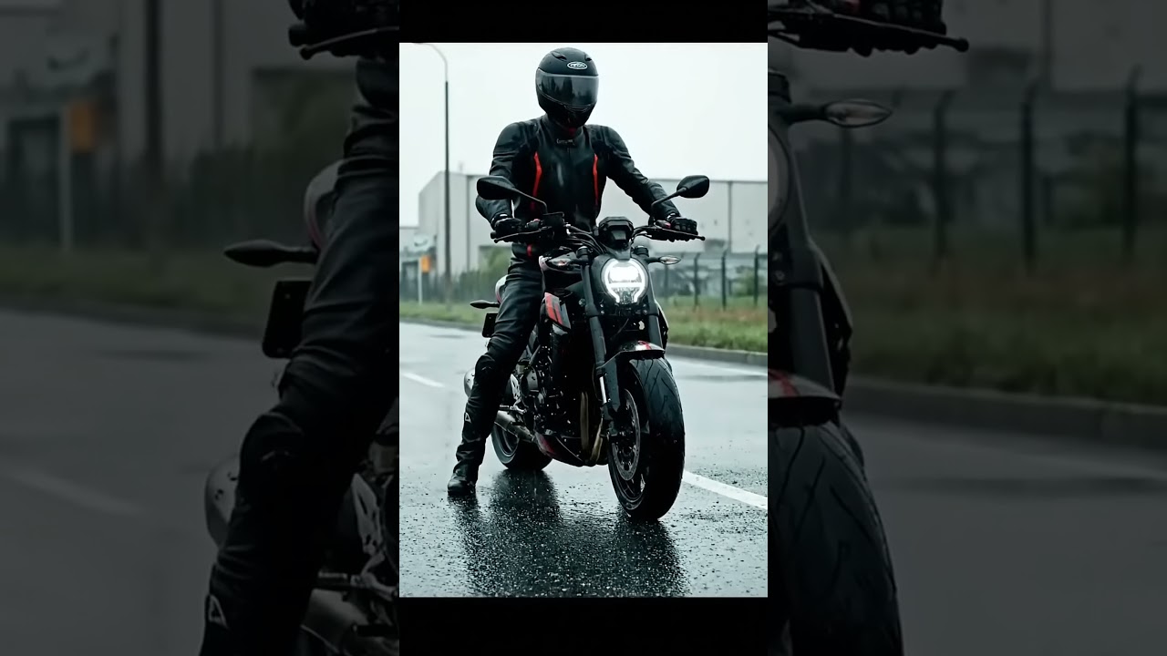 Motorcycle rider in black gear driving on wet road with rain 