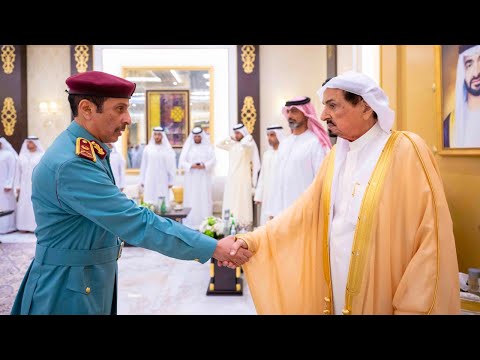 حميد النعيمي وولي عهده يستقبلان وفد شرطة عجمان للتهنئة بعيد الأضحى