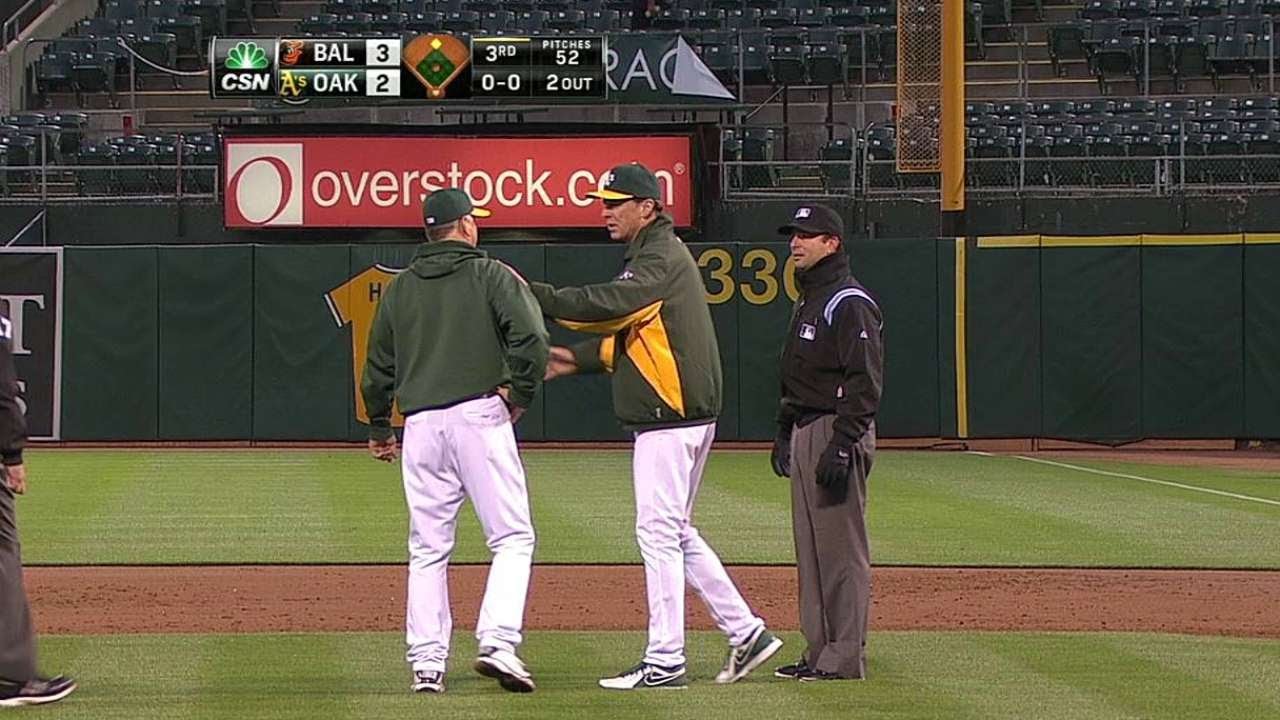 BAL@OAK: Pitching coach Curt Young gets ejected
