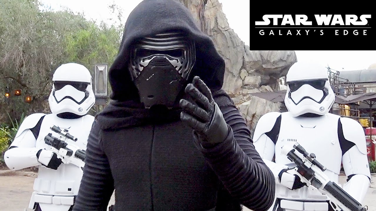 walt disney world vacation Star Wars Galaxy's Edge Character Montage at Disney World w/Kylo Ren, Chewbacca, Rey, Stormtroopers+