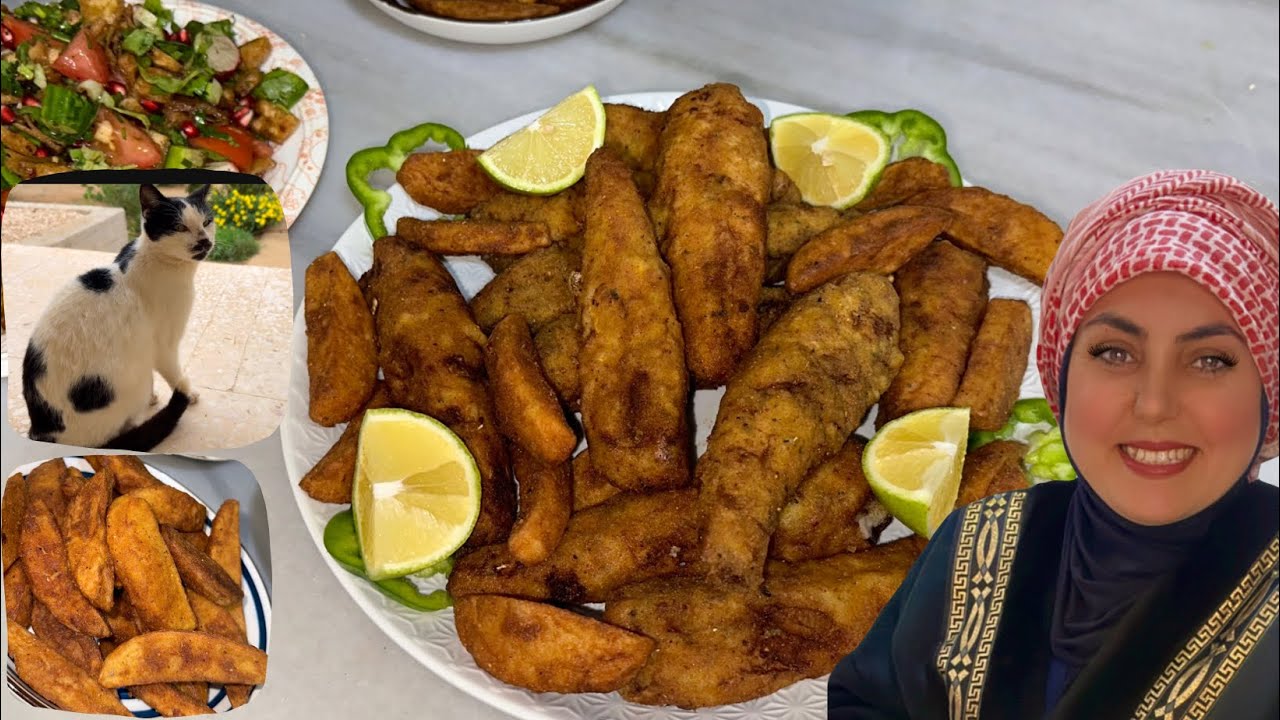 أمي علمتني اقشر السمك وطلع يهبل 😚 وبطاطا مقرمشه بنكهة السمك 😍باقي الخضره أحطها للمعزه