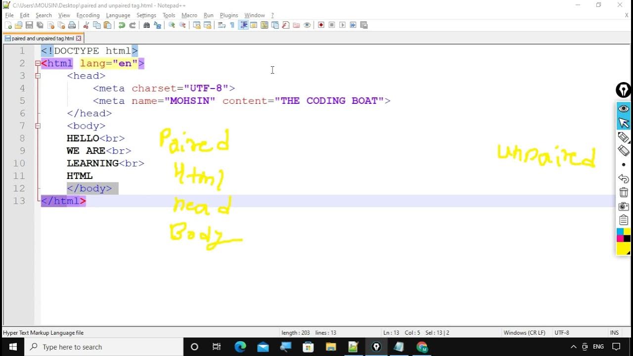 what is paired and unpaired tag HTML PRACTICE session13 YouTube
