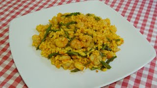 Cómo hacer un delicioso arroz seco con gambas y esparragos, Receta super fácil