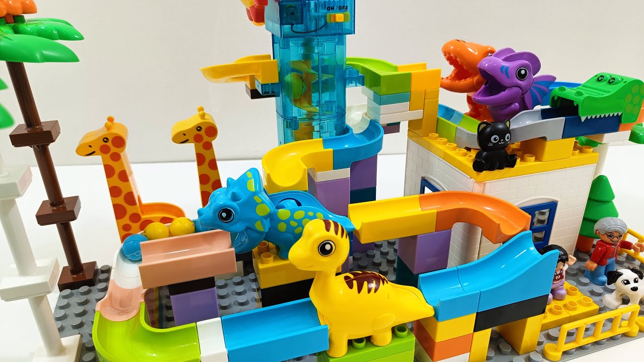Split Course Blocks ASMR Marble Run Coaster: Building Blocks, Dinosaur Split Course, and T ...