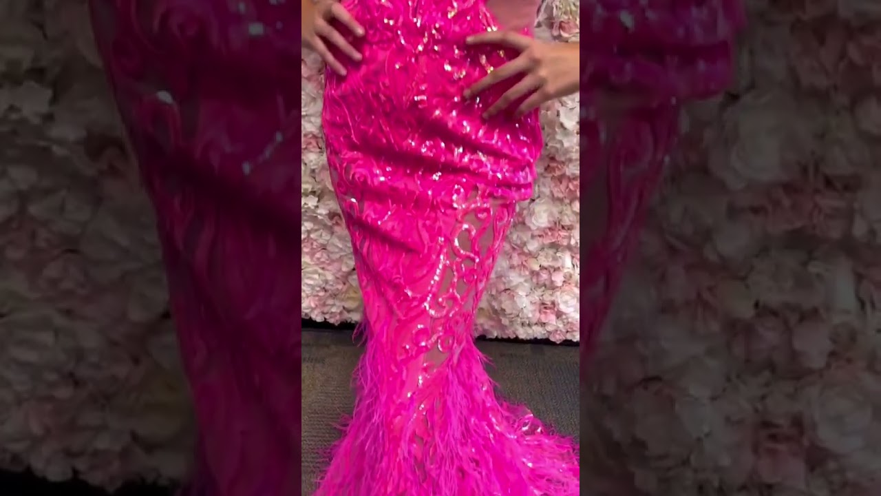 Hot Pink Sequin Tulle Trumpet Prom Dress w/Side Waist Mesh Inset, Lace Up Back & Feather Skirt