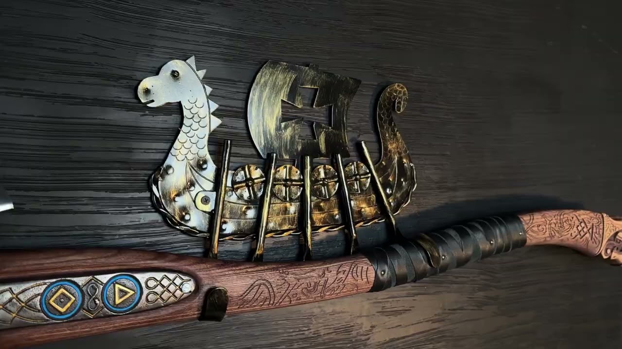 kratos-gold-6 - Wall mount holder - Leviathan Kratos axe with carved handle 35.8’’