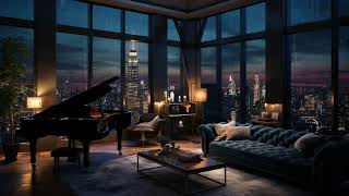 City Cozy Room Ambience with Night Rain and Piano Sounds | Ideal for Relaxing and Studying | ASMR