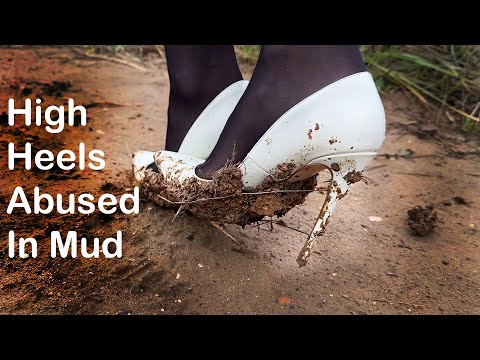 Muddy High Heels, White High Heels in Mud, High Heels Ruined in Mud, Girl Got Stuck in Mud (# 1331)