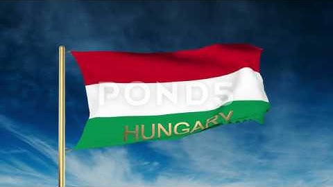 Hungary Flag Slider Style With Title. Waving In The Wind With Cloud Background