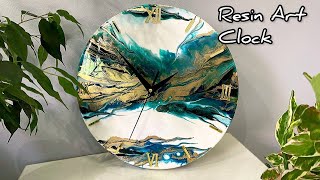Resin Art Clock. White and turquoise with gold. DIY.