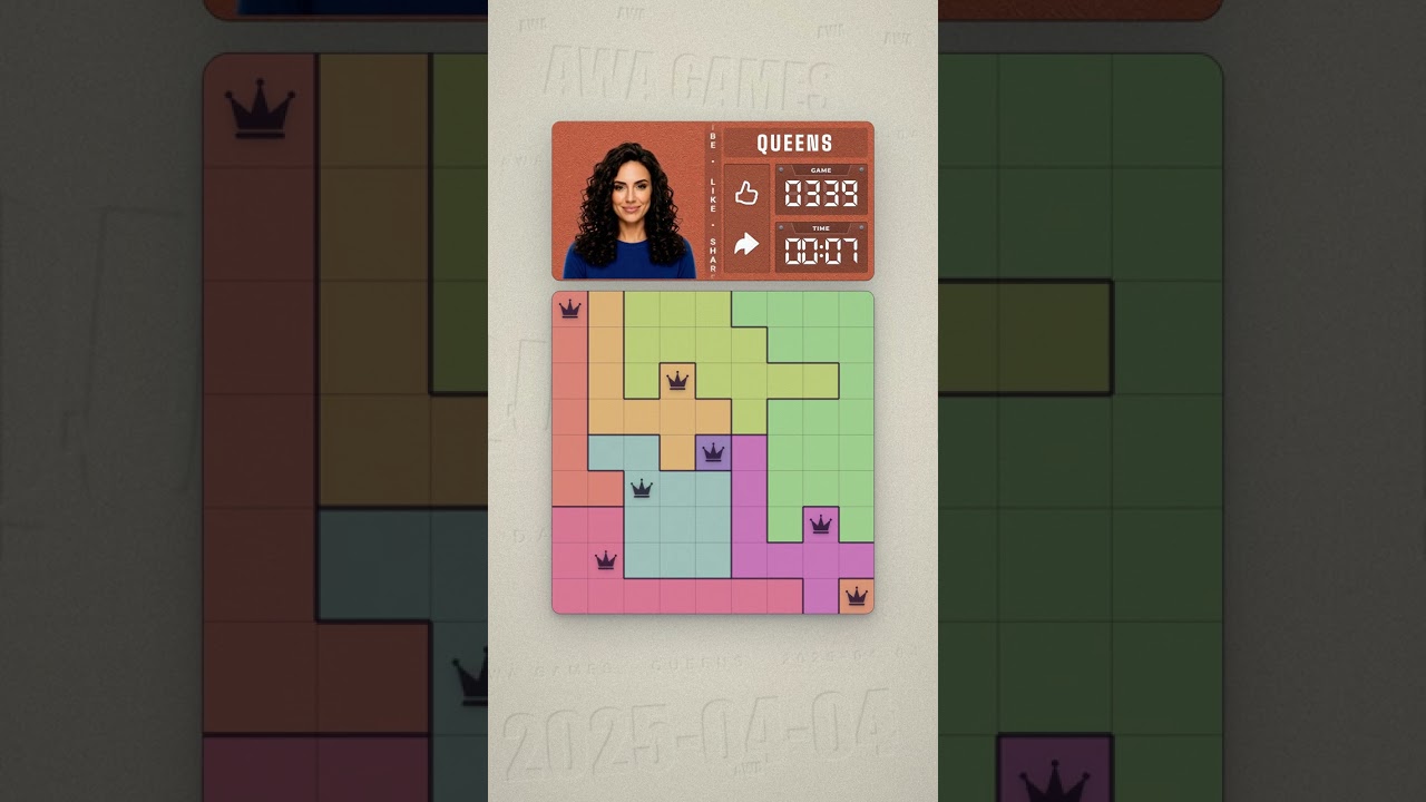 LinkedIn Queens #339 solved board for April 4, 2025, 9x9 grid