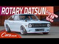 Rotary datsun 1200 custom build sideways under power with a turbo 13b rotary conversion